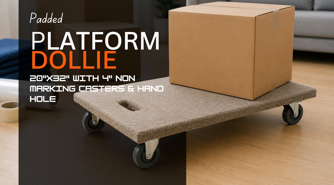 Padded platform dolly with moving boxes and furniture for safer handling and floor protection.